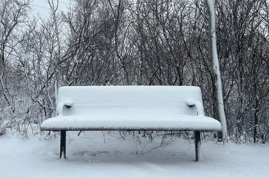 snow on a park bench