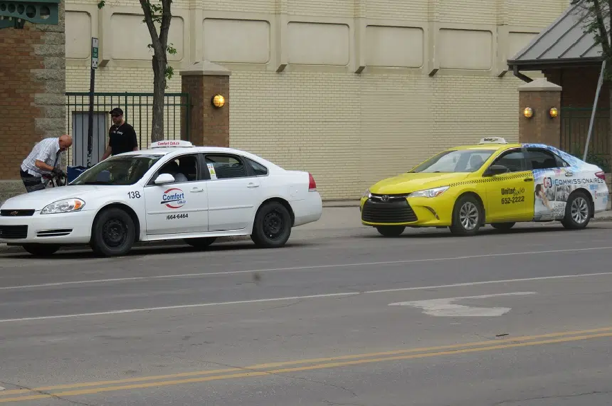 Taxis parked at Midtown Plaza in Saskatoon.