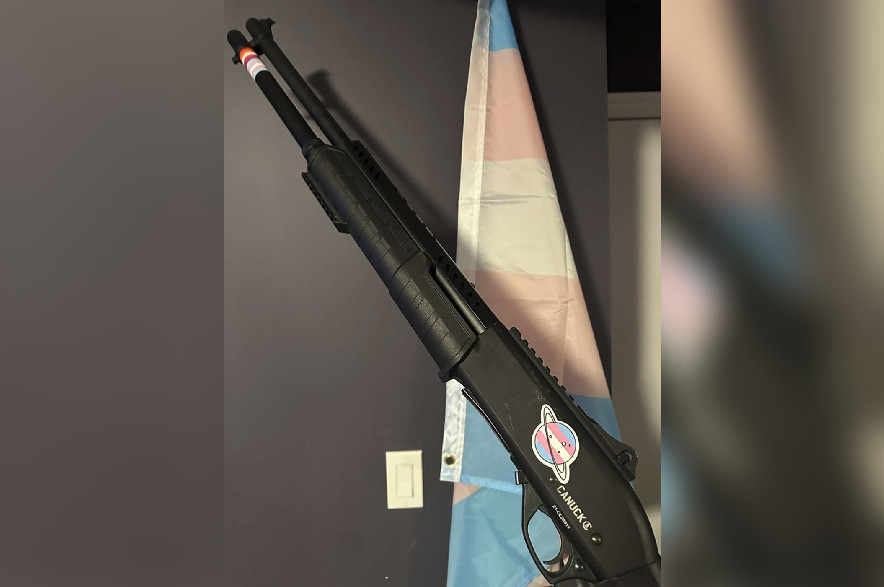 A photo of a gun decorated with stickers is seen in this undated photo allegedly sent by Jesse Van Rootselaar to James Bryant.