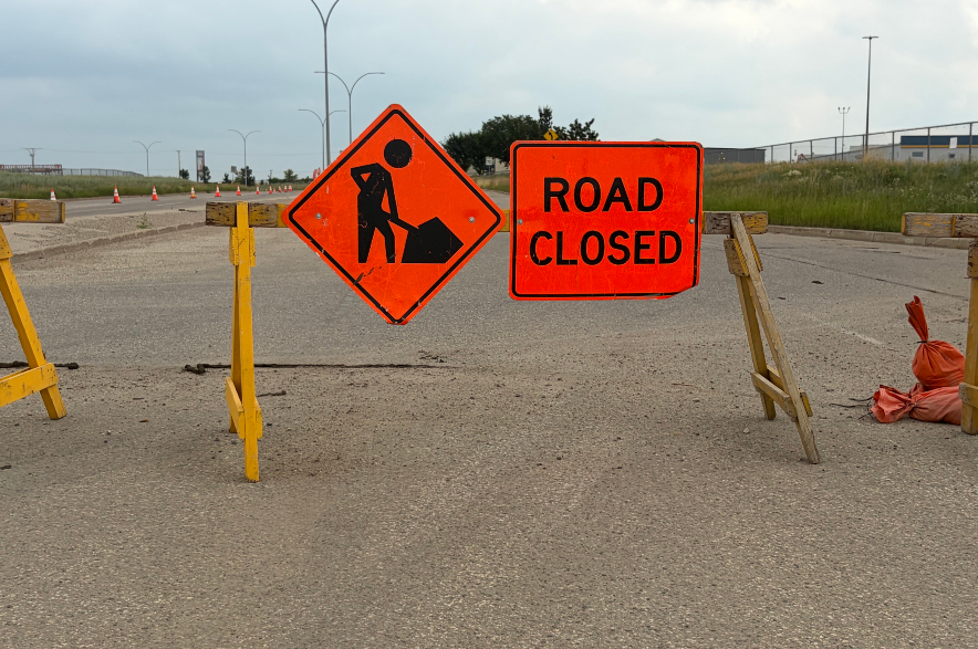 A Road Closed sign at Wanuskewin Road in Saskatoon.