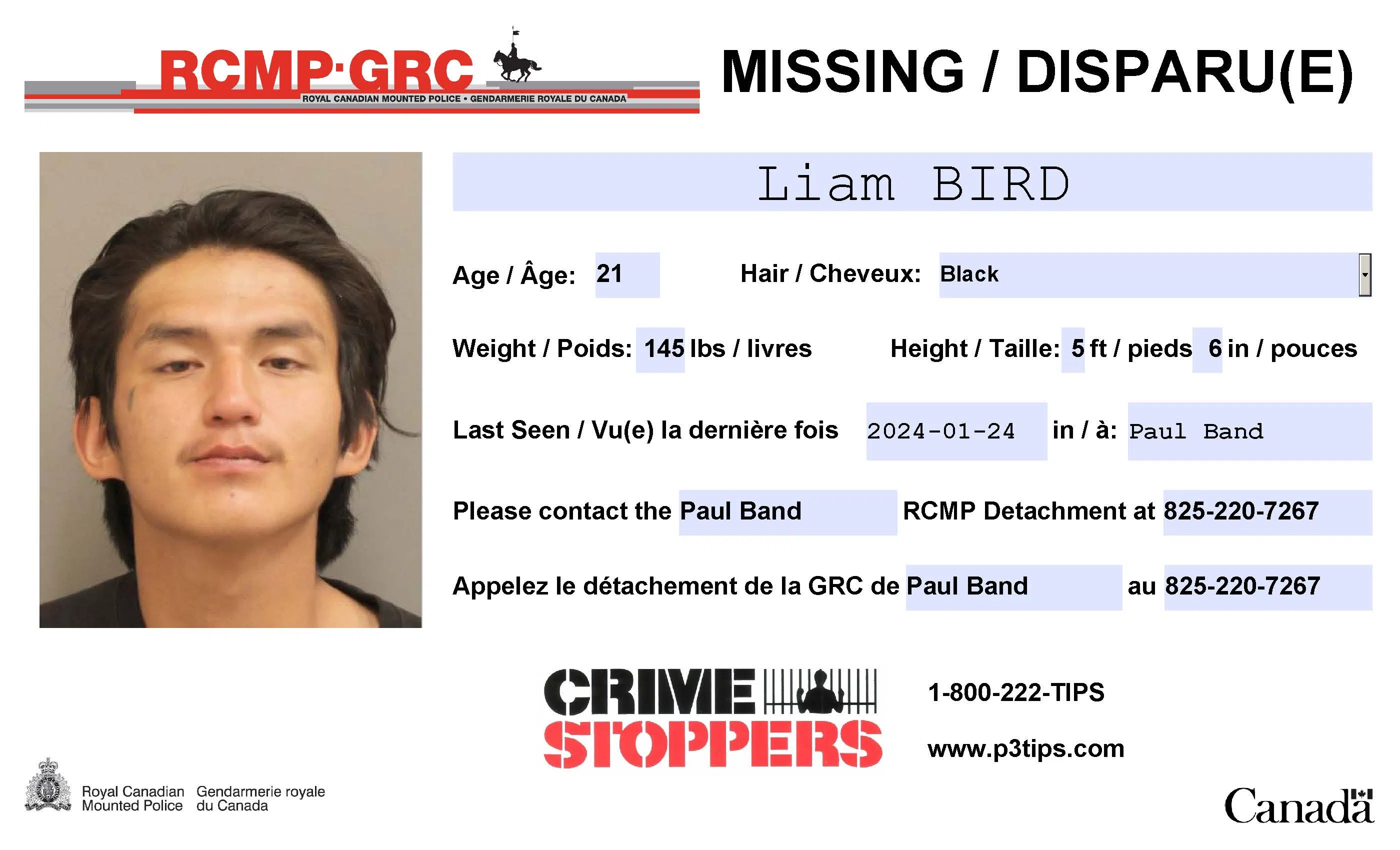 Missing Person: Liam Bird, 21, of Paul Band First Nation