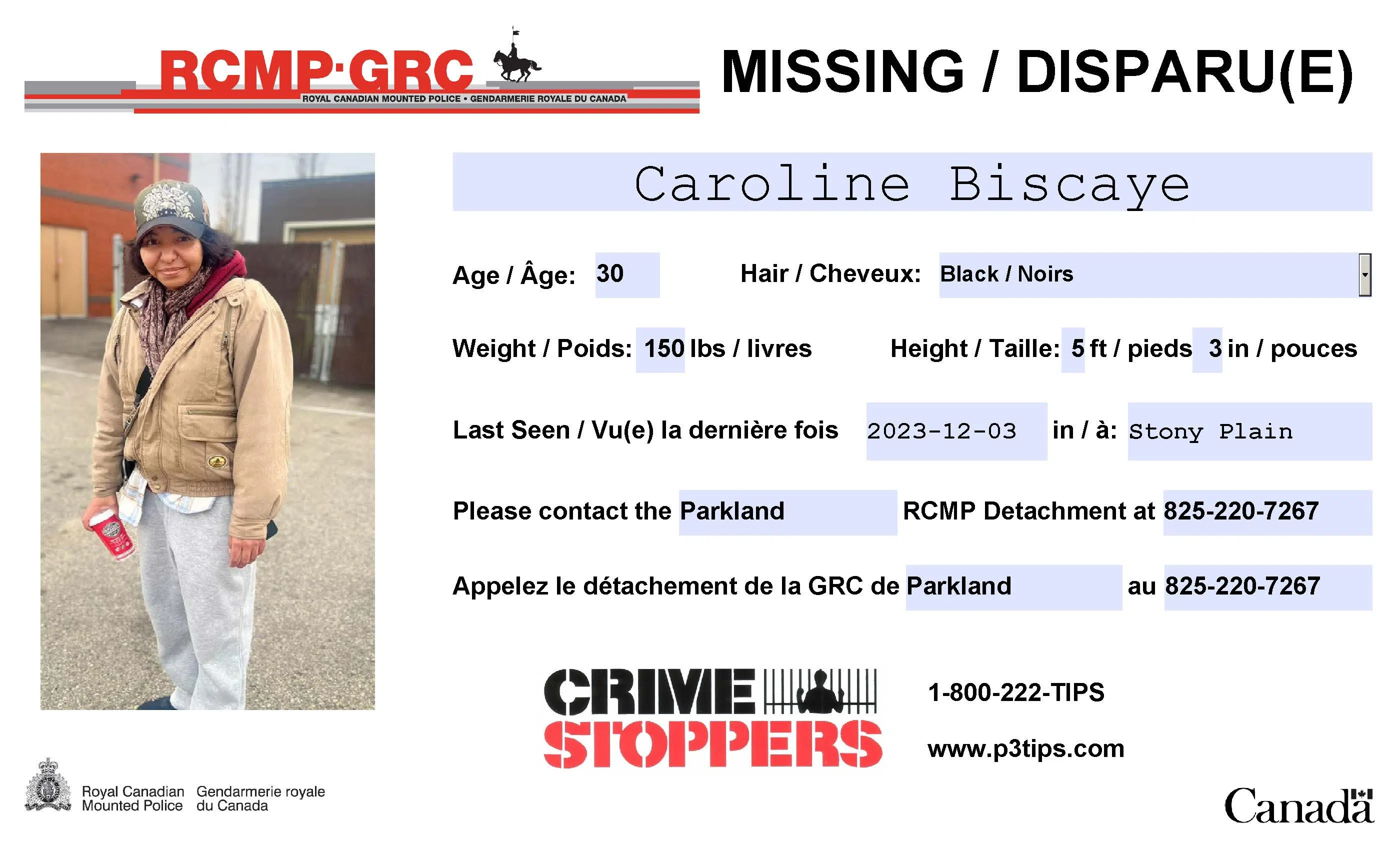 Missing: Caroline Biscaye, 30, of Parkland County