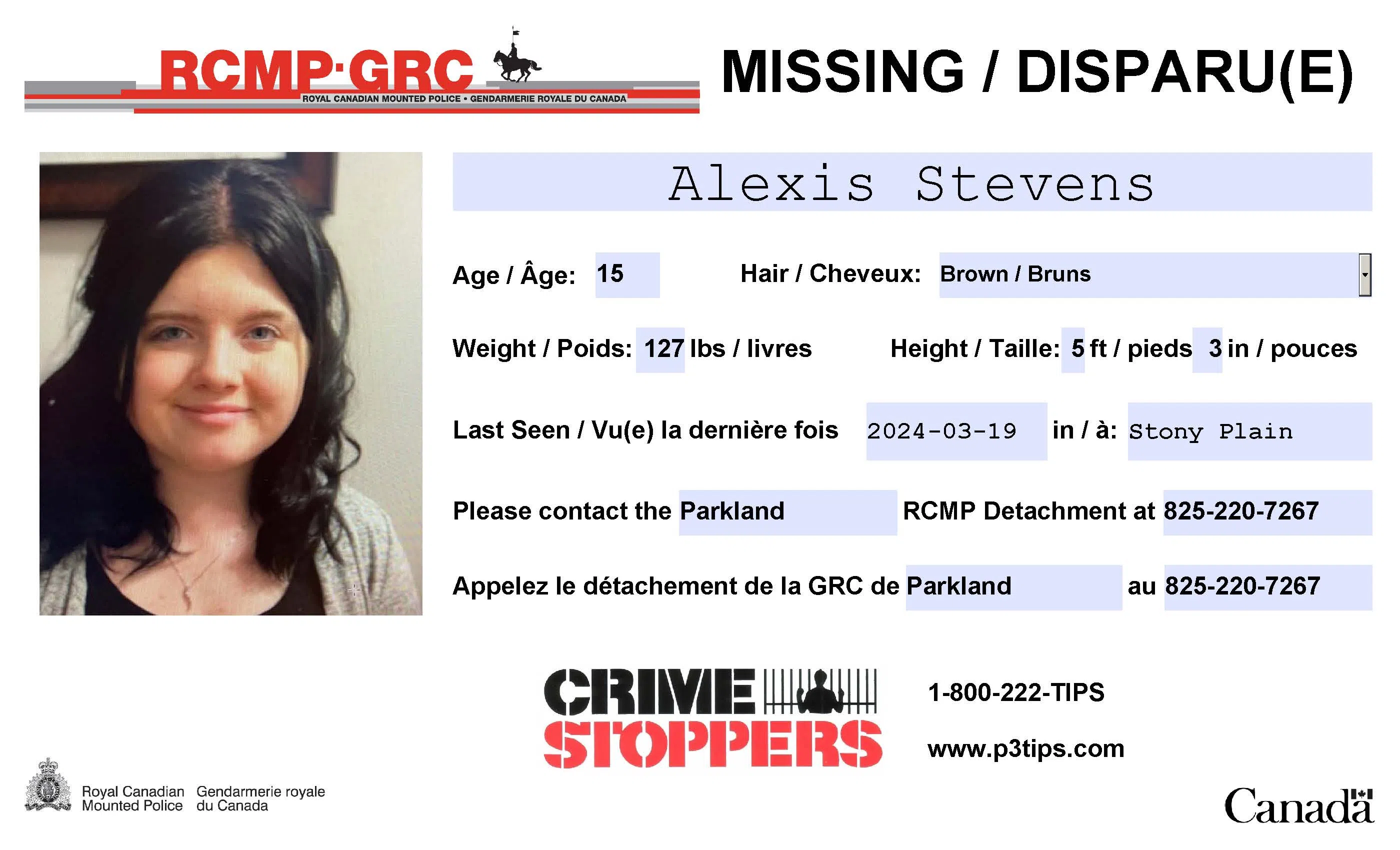 Missing Person: 15-year-old Alexis Stevens of Stony Plain