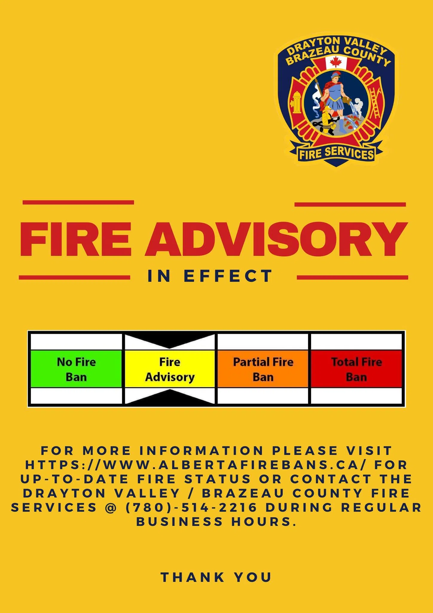 Fire Restriction for Town of Drayton Valley and Brazeau County downgraded to Fire Advisory