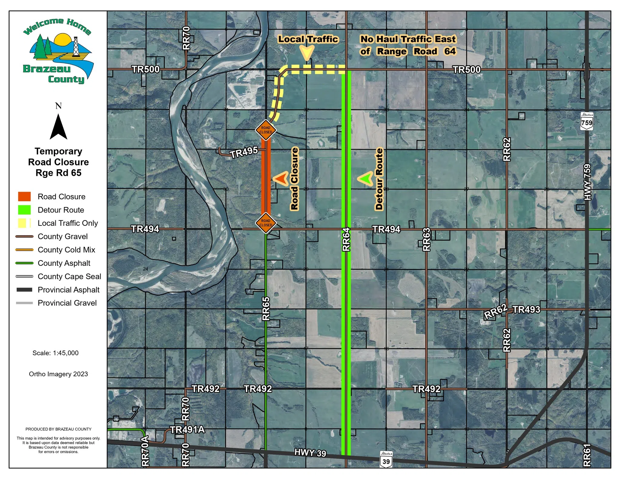 Changes to detour for Range Road 65 closure