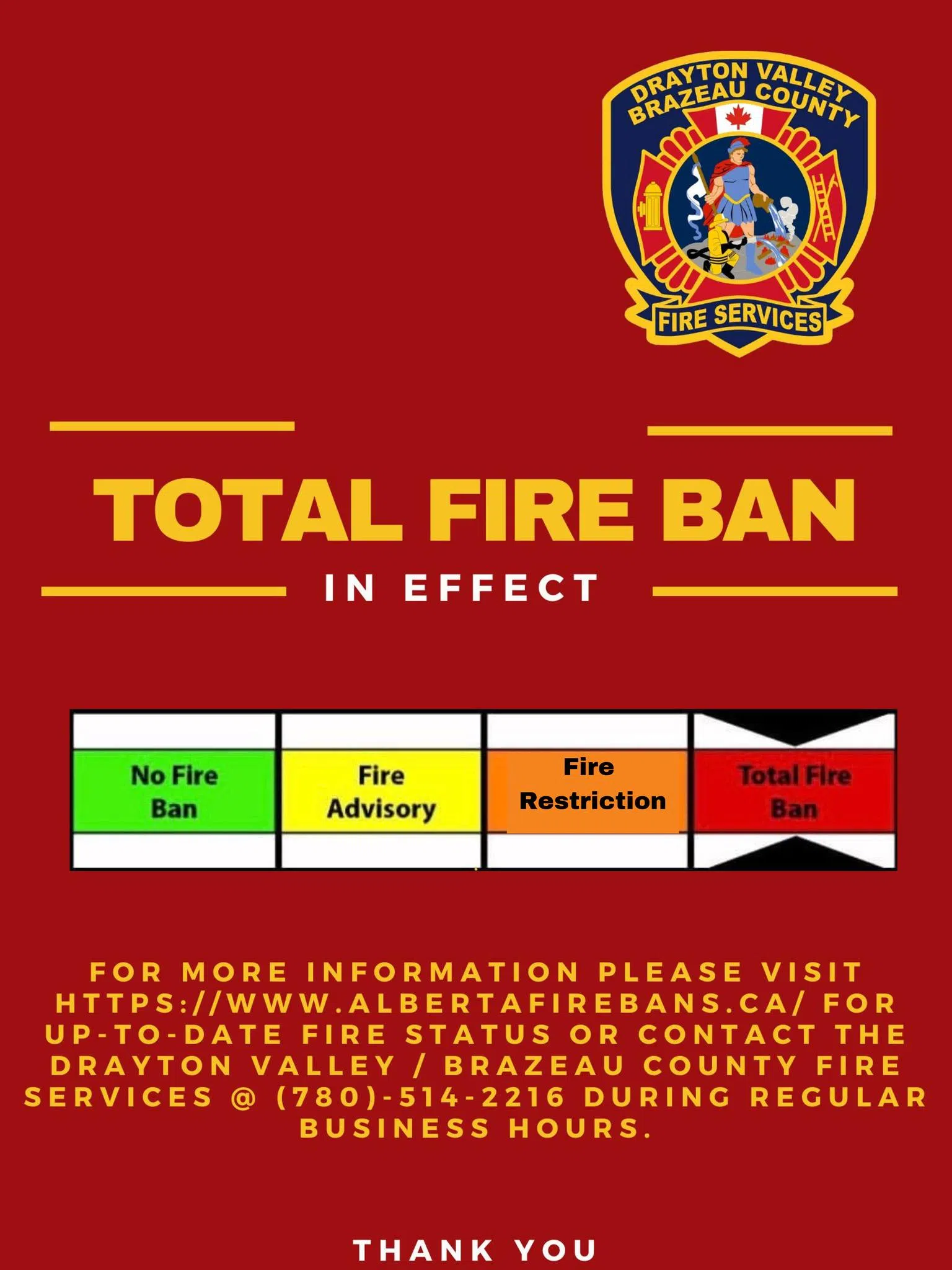 Fire ban now in place for Town of Drayton Valley and Brazeau County