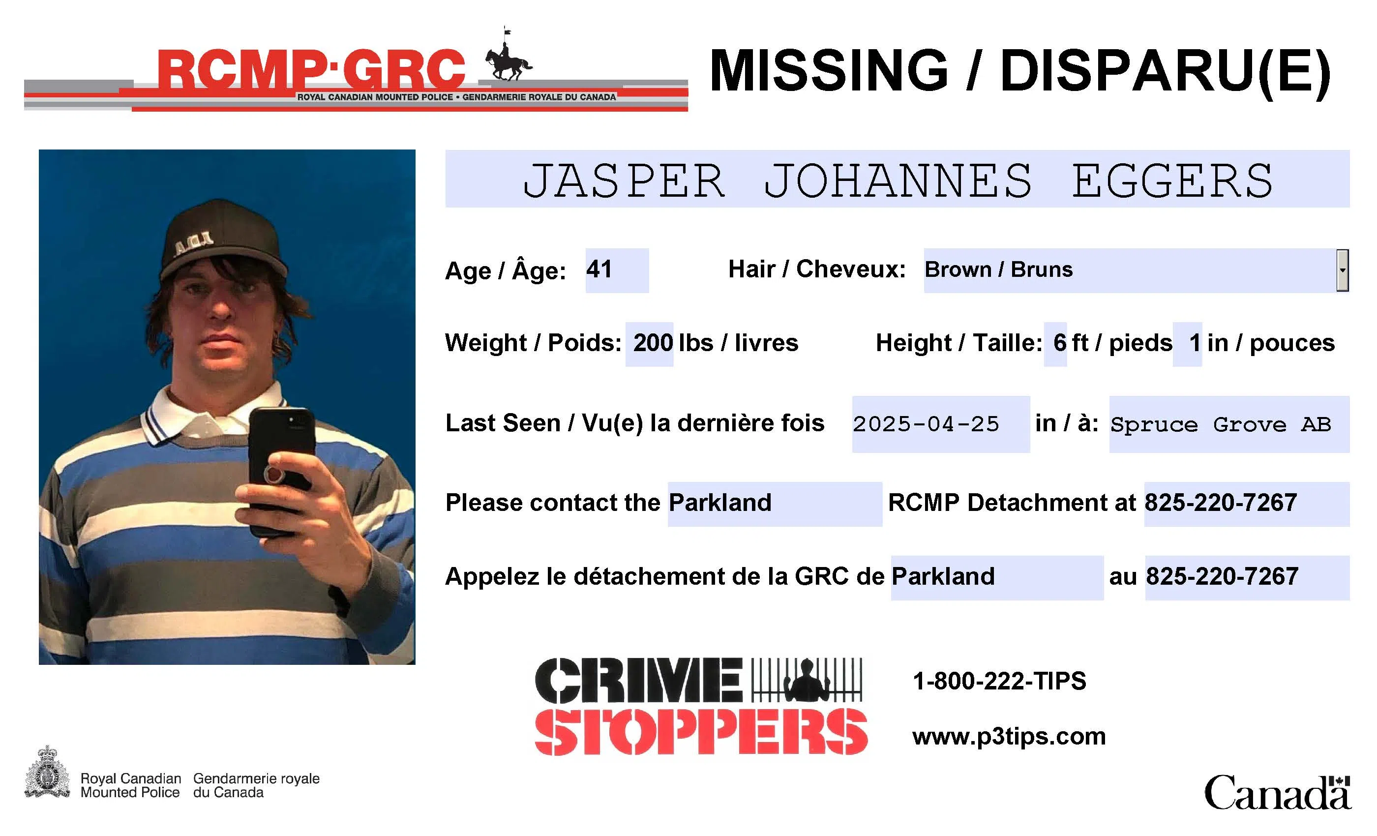Missing: Jasper Johannes Eggers, 41, of Spruce Grove