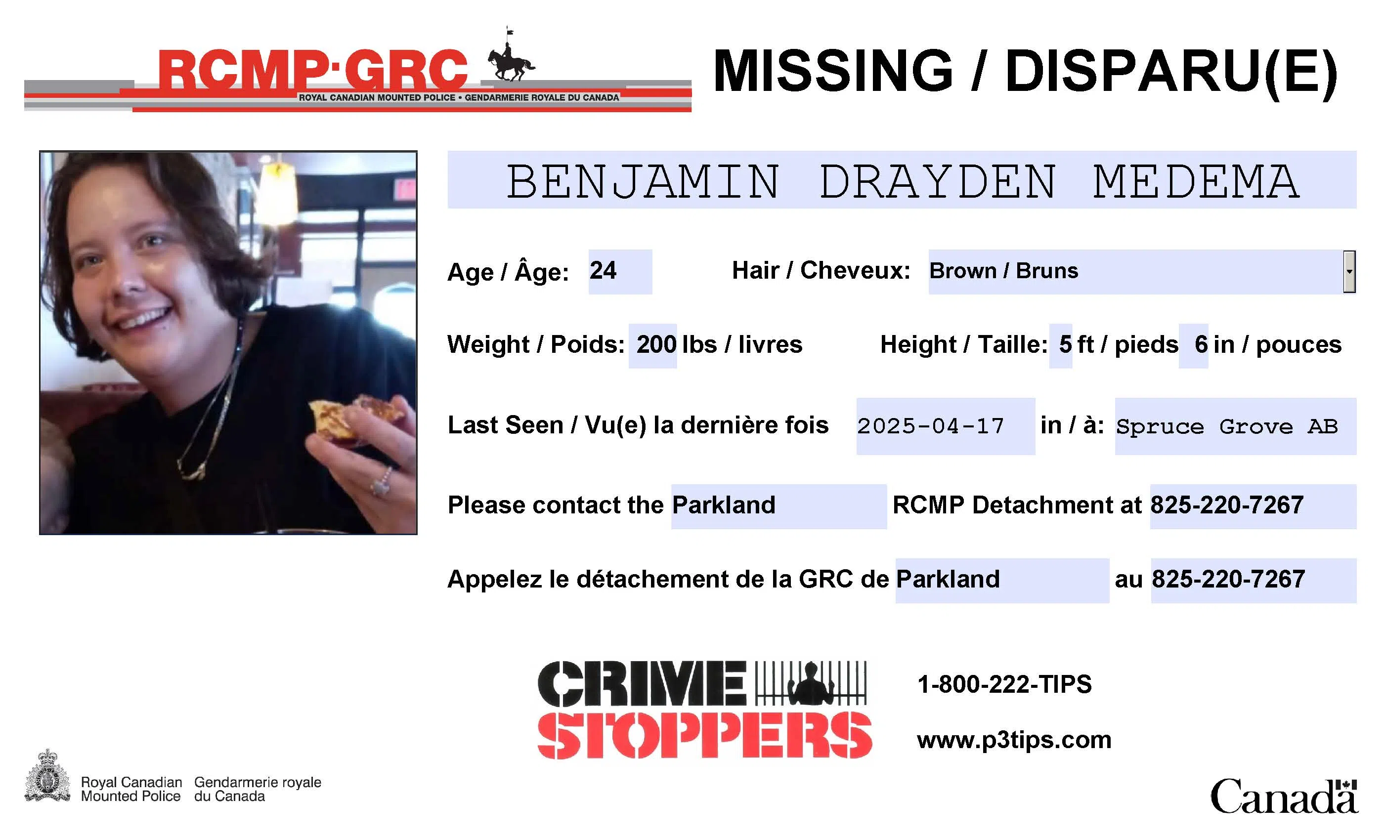 Missing: Benjamin Drayden Medema, 24, of Spruce Grove