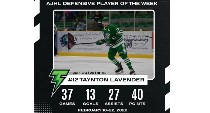 Drayton Valley Thunder's Taynton Lavender named AJHL Defensive Player of the Week