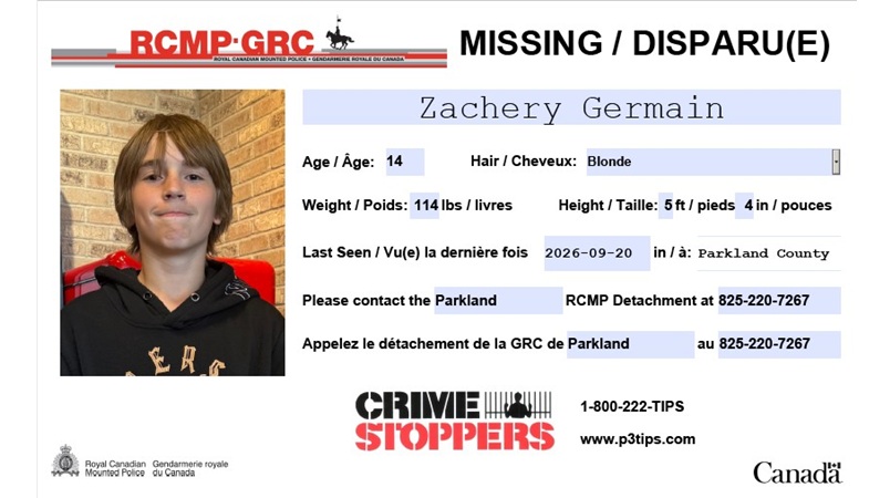 Missing: Zachery Germain, 14, of Spruce Grove