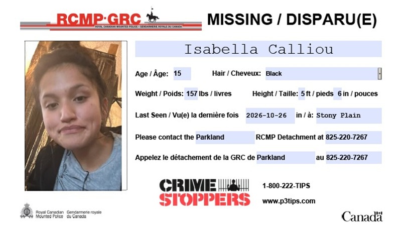 Missing: Isabella Calliou, 15, of Stony Plain