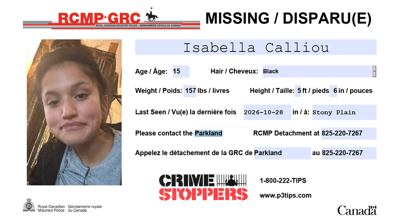 Missing: Isabella Calliou, 15, of Stony Plain
