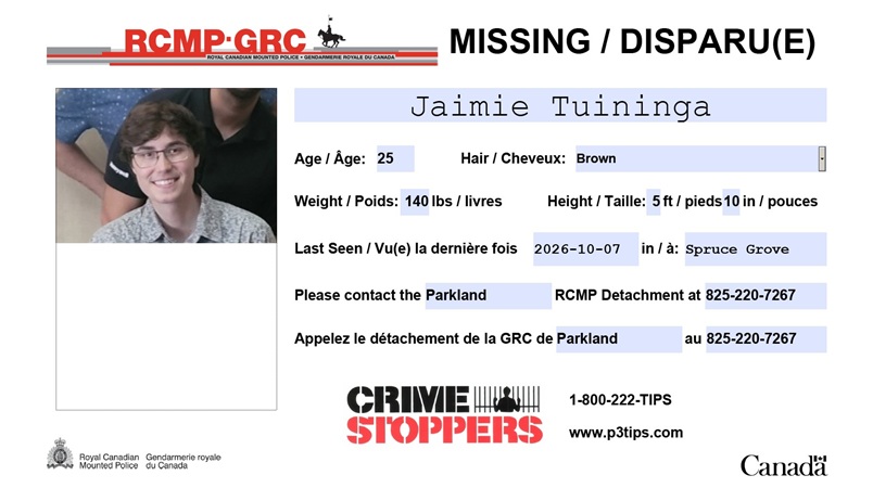 Missing: Jamie Tuininga, 25, last seen in Spruce Grove