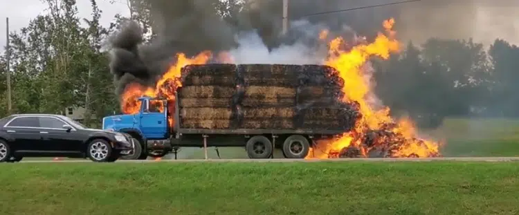 Truck Hauling Straw Bales Catches Fire in Travellers Rest