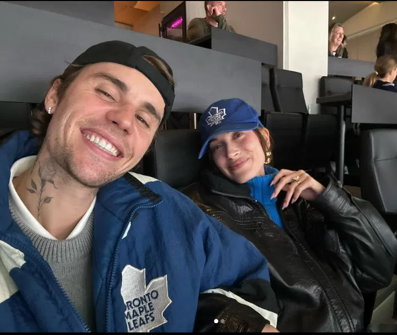 Justin and Hailey Bieber Watch Leafs Fall